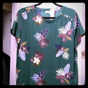 Loft tropical floral shoulder button green tee.